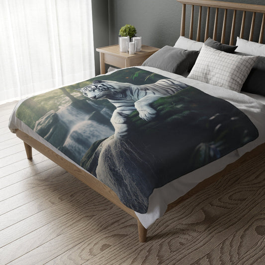 "Majestic Serenity: The White Tiger's Domain" Velveteen Minky Blanket