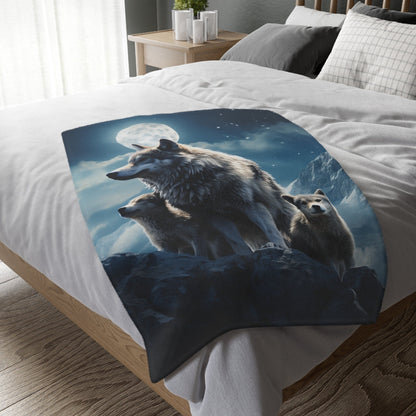 Serene Wolves Moon Blanket – Indian-Inspired Bed Cover with Wolf Cubs