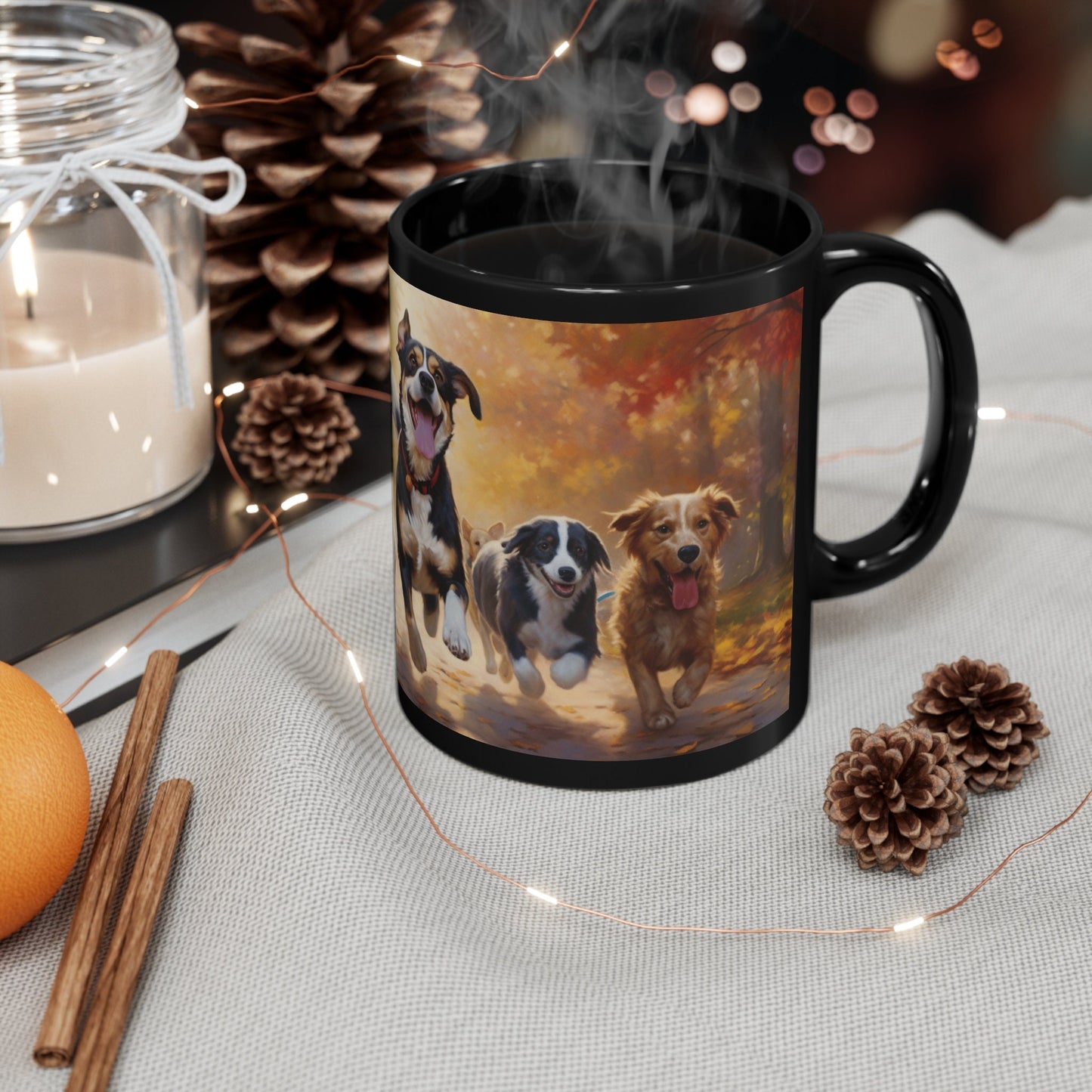 "Autumn Frolic: Playful Paws in the Fall" 11oz Black Mug