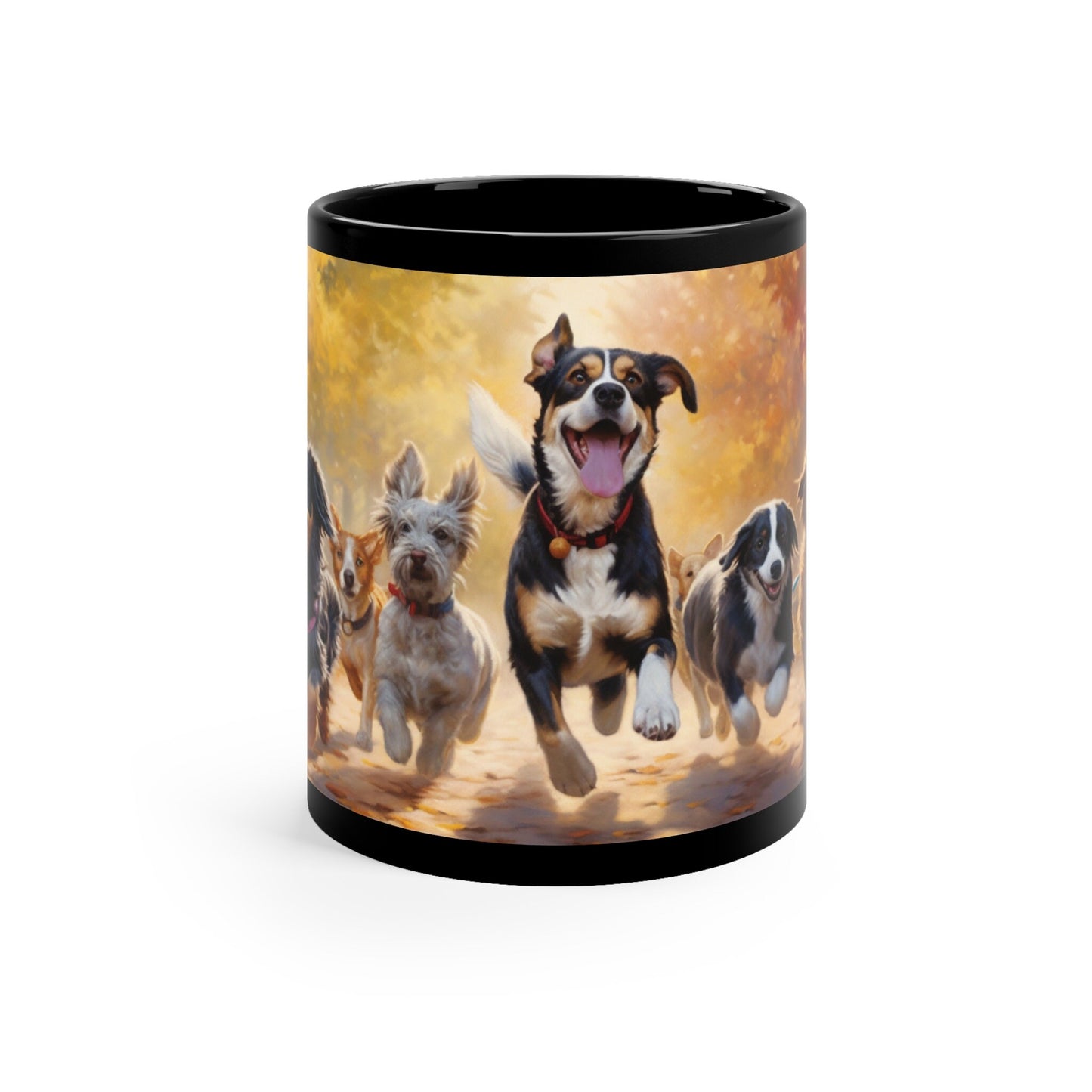 "Autumn Frolic: Playful Paws in the Fall" 11oz Black Mug