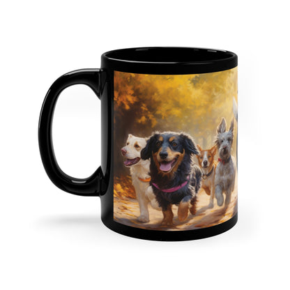 "Autumn Frolic: Playful Paws in the Fall" 11oz Black Mug