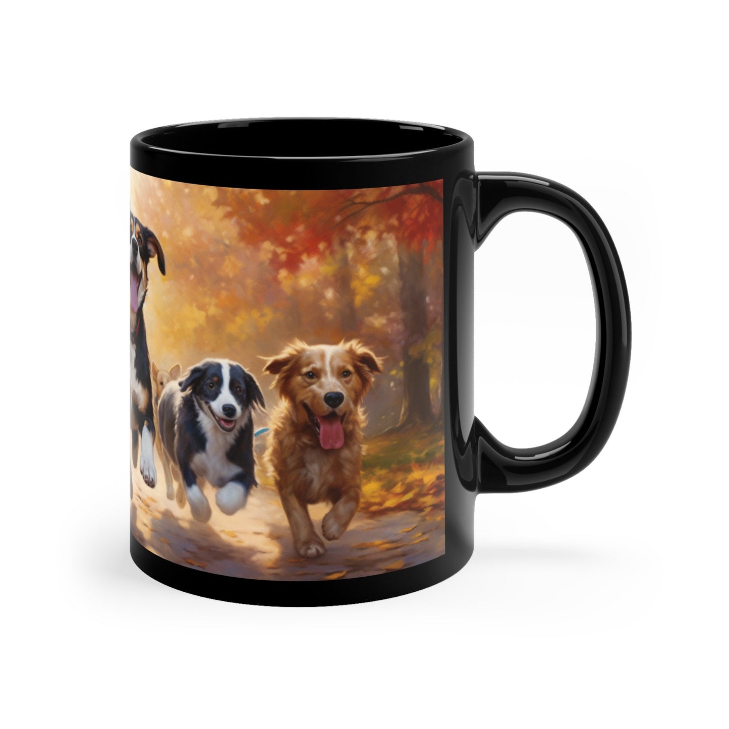 "Autumn Frolic: Playful Paws in the Fall" 11oz Black Mug