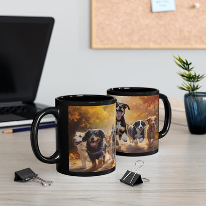 "Autumn Frolic: Playful Paws in the Fall" 11oz Black Mug