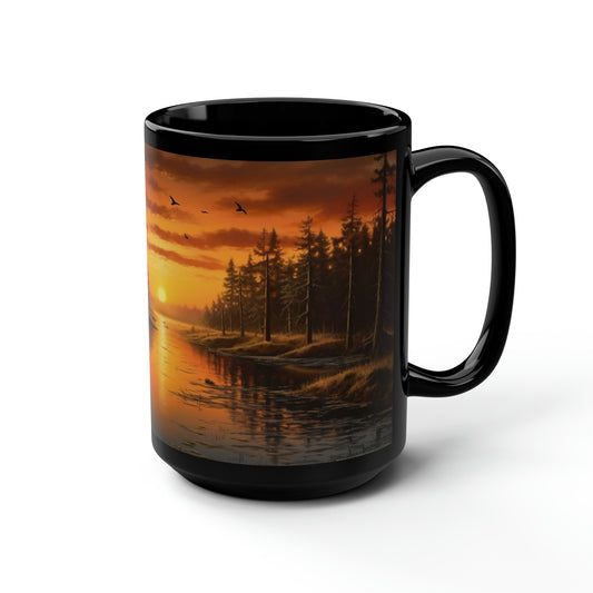 "Lake's Tranquil Awakening" Black Ceramic Mug – 15oz