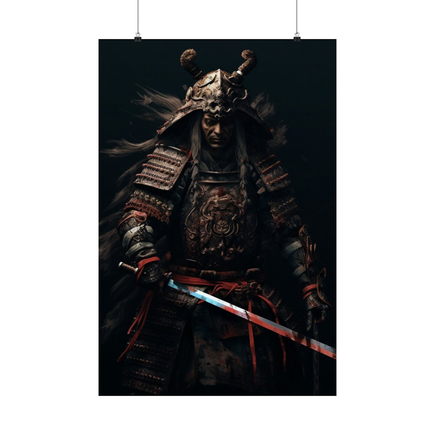 "Bathed in Crimson Glory: The Battle-Worn Samurai's Resolve" Poster