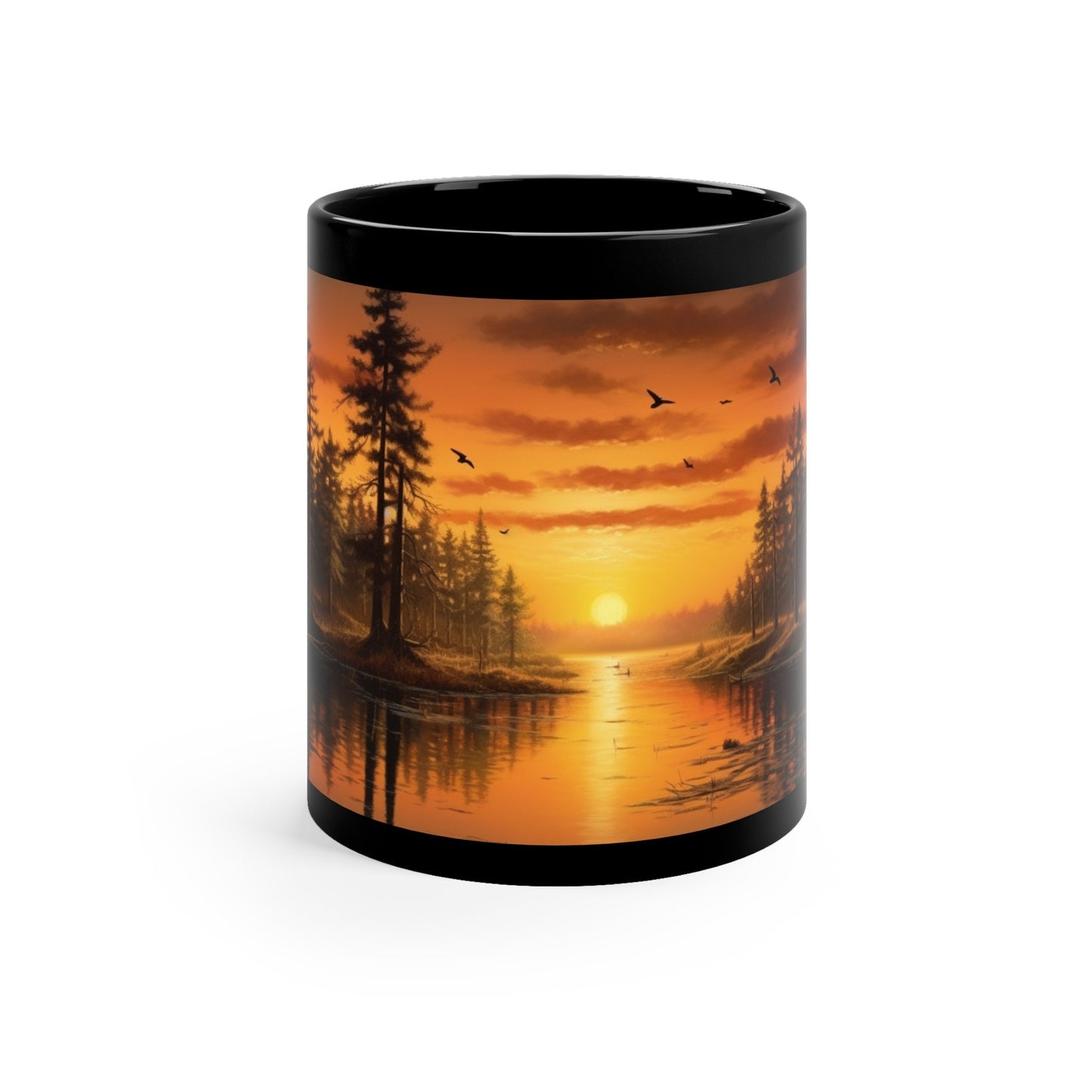 "Radiant Horizons: Serene Sunrise on the Lake" 11oz Black Mug