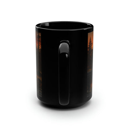 "Lake's Tranquil Awakening" Black Ceramic Mug – 15oz