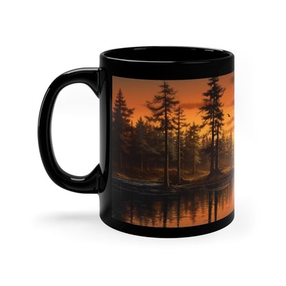 "Radiant Horizons: Serene Sunrise on the Lake" 11oz Black Mug