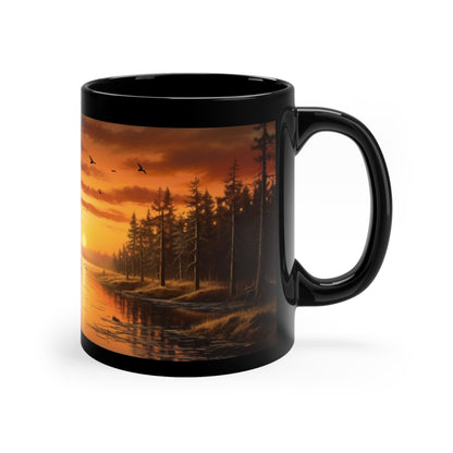 "Radiant Horizons: Serene Sunrise on the Lake" 11oz Black Mug