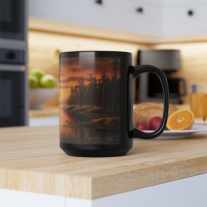 "Lake's Tranquil Awakening" Black Ceramic Mug – 15oz