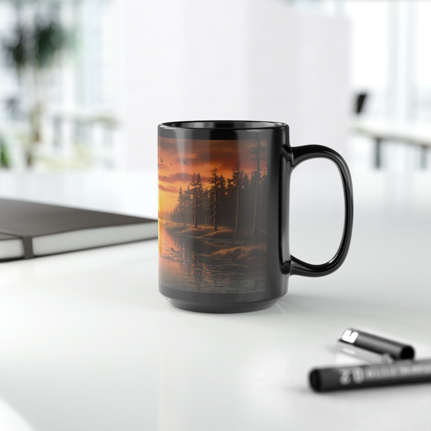 "Lake's Tranquil Awakening" Black Ceramic Mug – 15oz