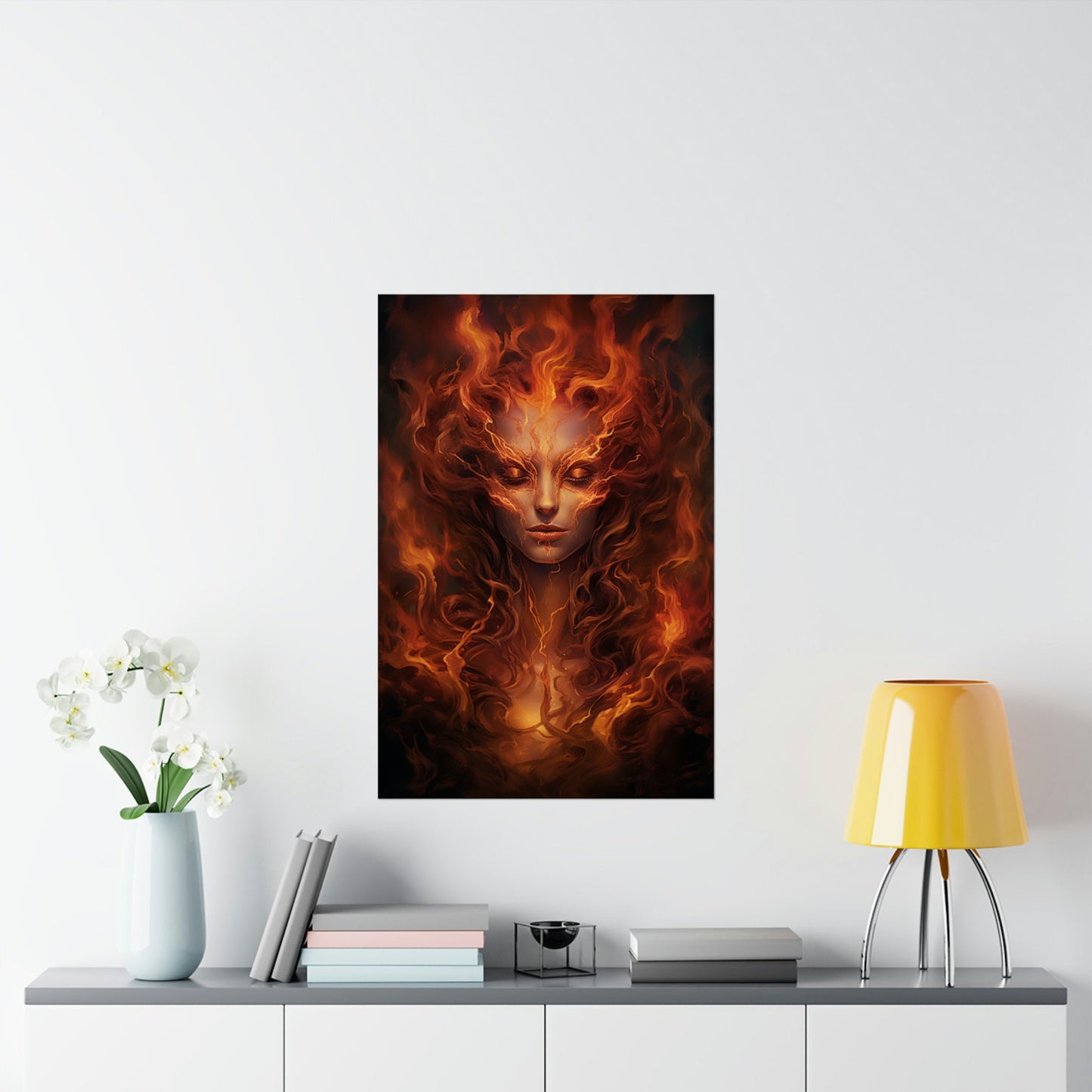 Fire Angel Abstract Poster – Unique Flame Wall Art Featuring a Fiery Woman Design