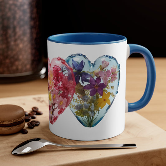 Two-Tone Coffee Mug with Colorful Glass Hearts and Floral Art – 11oz